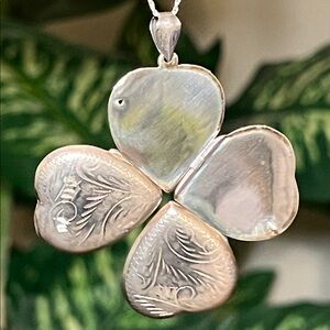 Antique 925 Sterling Lucky In Love Four Way Heart Clover Photo Locket WWII Era